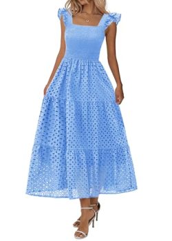 Lazysmile Womens Summer Maxi Dress Square Neck Ruffle Cap Sleeve Hollow Out Eyel