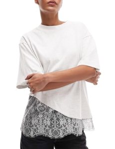 GTLIAE Women’s Lace Patchwork Top Summer Daily Relaxed Fit Drop Shoulder Short S