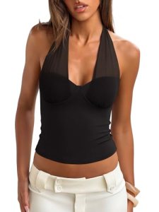 REORIA Butsmooth® Women’s Sexy Tank Top Mesh Halter Double Lined Going Out Crop
