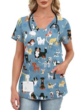 AKEWEI Scrubs for Women V Neck Blue Print Scrub Tops Stretchy Cute Animal Scrub