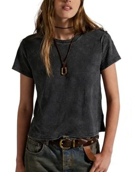 Yozazzy Vintage T Shirts for Women Casual Washed Cropped Tops Short Sleeve Cotto