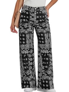 Tankaneo Womens Baggy Wide Leg Jeans Floral Print Boho High Waist Vintage Boyfri