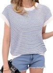 IPMQ Womens Striped Sweaters Vest Pullover Cap Sleeve Tank Tops Crew Neck Cable