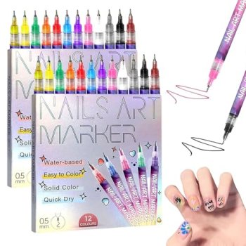 Nail Art Pens, 2-Pack 12 Colors Each (24 Pens Total) 0.5mm Fine Tip Water-Based