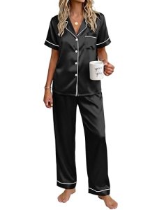 Ekouaer Womens Silky Satin Pajamas Set Short Sleeve Button Down Sleepwear 2 Piec