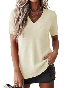 Jouica Womens Short Sleeve Sweaters Side Slit V Neck Sweater Shirts Business Cas