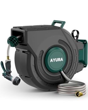 AYURA Retractable Garden Hose Reel 100 ft x 1/2 inch with Pro Metal Shaft