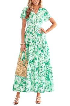 PRETTYGARDEN Women Summer Maxi Dresses 2026 Short Sleeve V Neck Button Floral Ti