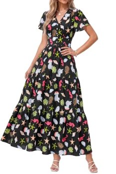 PRETTYGARDEN Women Summer Maxi Dresses 2026 Short Sleeve V Neck Button Floral Ti