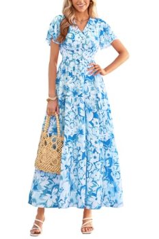 PRETTYGARDEN Women Summer Maxi Dresses 2026 Short Sleeve V Neck Button Floral Ti