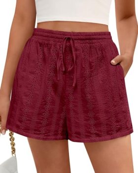 KIRUNDO Lace Shorts for Women Summer Cute Boho Eyelet Elastic Waist Drawstring C