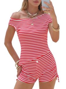 EXLURA Women 2 Piece Summer Outfits Casual Striped Lounge Set Ribbed Knit Off Sh