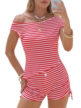 EXLURA Women 2 Piece Summer Outfits Casual Striped Lounge Set Ribbed Knit Off Sh