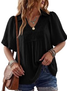 Astylish Women’s Summer Puff Short Sleeve V Neck Dressy Peplum Tops Ruched Busin