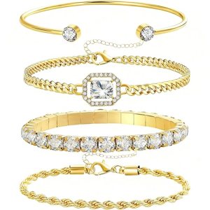 Alegend Bracelets Sets 14K Gold Plated Stackable Bold Twisted Rope