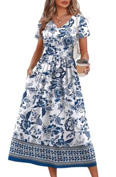 OFEEFAN Summer Dresses for Women Flowy Short Sleeve V Neck A Line Dress Work Spr