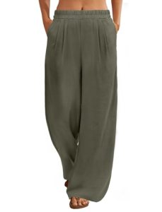 FireSwan Linen Pants Women Wide Leg Palazzo Pants Flowy Elastic Waist Summer Bea