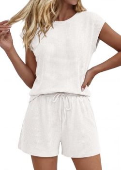 KIRUNDO Two Piece Sets For Women Summer 2026 Cap Sleeve Short Set Waffle Knit Ma