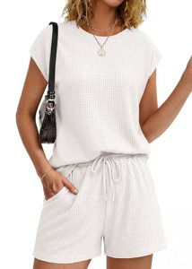 KIRUNDO Two Piece Sets For Women Summer 2026 Cap Sleeve Short Set Waffle Knit Ma