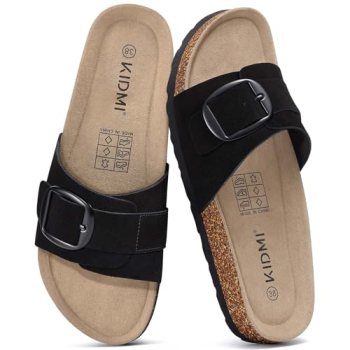 KIDMI Genuine Suede Cork Footbed Sandals for Women Comfortable Summer Slides wit