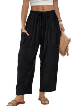 Sampeel Women’s Pants Wide Leg Dress Black Linen Pants Capri Barrel Baggy Pant W