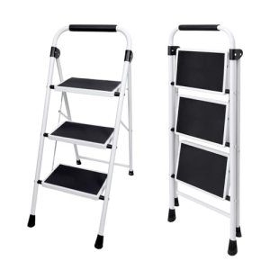 OLIXIS Step Ladder, 3 Sturdy Step Stool with Anti-Slip Pedal & Comfortable Handr