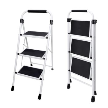 OLIXIS Step Ladder, 3 Sturdy Step Stool with Anti-Slip Pedal & Comfortable Handr