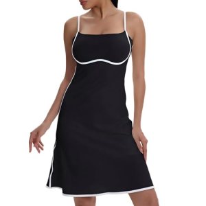 VIPARK Womens Tennis Dress Black White Contrast A-Line Athletic Dress with Built