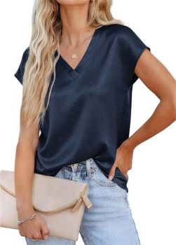 RUMIA Short Sleeve Satin Summer Blouses Tops for Women- Ladies V Neck Blouse Shi