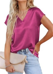 RUMIA Short Sleeve Satin Summer Blouses Tops for Women- Ladies V Neck Blouse Shi