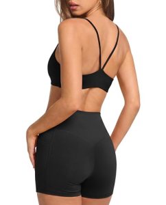 SUUKSESS Women Sexy Padded 2 Piece Workout Sets with Pockets High Waisted Shorts