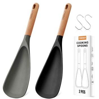 FINENUT 2-Pack Silicone Cooking Spoons with Wood Handle & S-Hooks