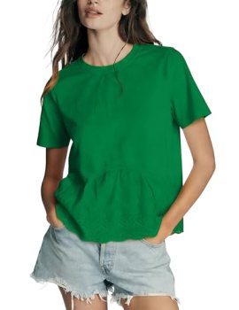 Women’s Cropped Babydoll Tops Casual Embroidered Shirts Lace Panel Crewneck Blou