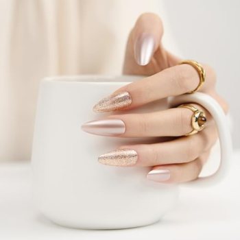 Fake Nails Press Ons Almond – Metallic Rose Gold Chrome Fake Nails