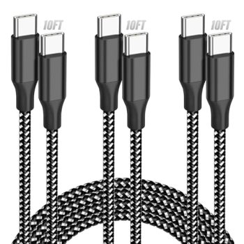 Bkayp USB C Cable 10ft 3-Pack, 60W Fast Charging Type C to Type C Charger Cord