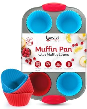 Boxiki Kitchen Non-Stick Steel 6 Cup Muffin Pan with Silicone Handles and Reusab