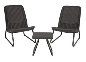 Keter Rio 3 Piece Resin Wicker Patio Furniture Set with Side Table and Outdoor C