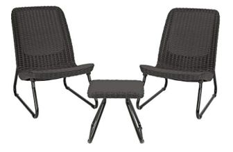 Keter Rio 3 Piece Resin Wicker Patio Furniture Set with Side Table and Outdoor C