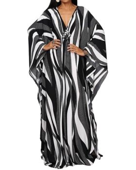 Bsubseach Women Ethnic Print Kaftan Beach Dress Plus Size Swimsuit Cover Up Dott