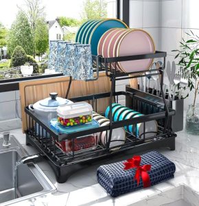 Godboat Dish Drying Rack, 2-Tier Dish Rack with Auto-Drain & Mat