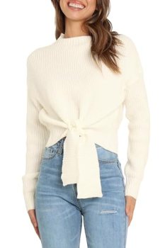 Okiwam Women’s Long Sleeve Cropped Sweaters Casual Knit Pullover Tie Front Crew