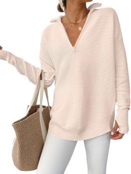 ANRABESS Womens Long Sleeve Quarter Zip Sweater, Almond, S
