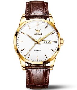 OLEVS Brown Leather Mens Watches Classic Analog Quartz Watch Ultra Thin Waterpro