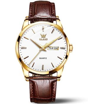 OLEVS Brown Leather Mens Watches Classic Analog Quartz Watch Ultra Thin Waterpro