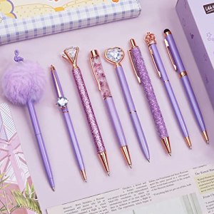 WEMATE 8Pcs Purple Pens, Metal Crystal Diamond Pen with Black & Blue Ink