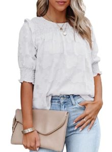 Dokotoo Womens Tops Half Sleeve Shirred Blouses for Women Dressy Casual Crewneck