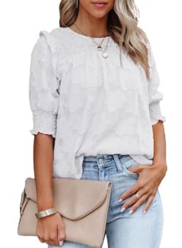 Dokotoo Womens Tops Half Sleeve Shirred Blouses for Women Dressy Casual Crewneck
