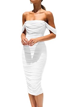 PRETTYGARDEN Wedding Guest Dress 2025 Summer Off Shoulder Ruched Elegant Sexy Bo