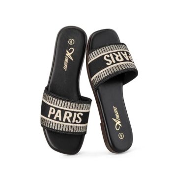 Athlefit Women’s Slides Summer Fashion Slip On Flat Sandals Dressy Black Size 9