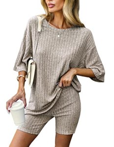 Ekouaer 2 Piece Lounge Set Women Ribbed Knit Oversized Shirts Biker Shorts Airpo